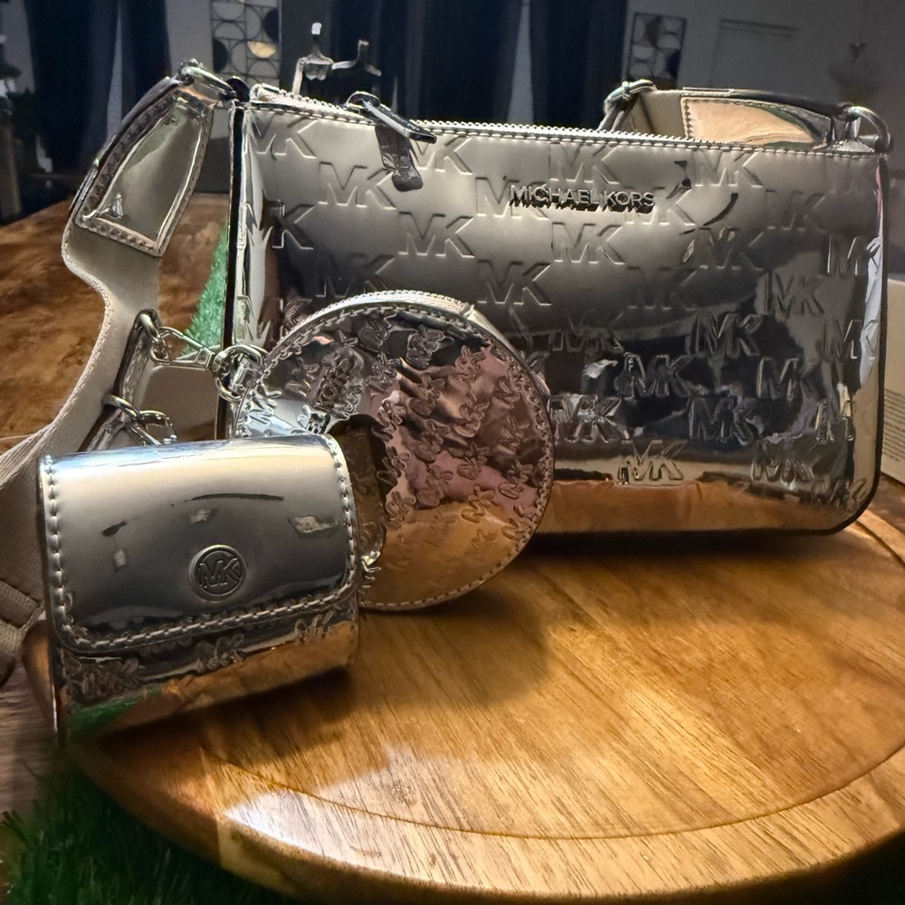 Michael Kors Shiny Silver Crossbody Bag with Coin Pouch & Air Pod Case